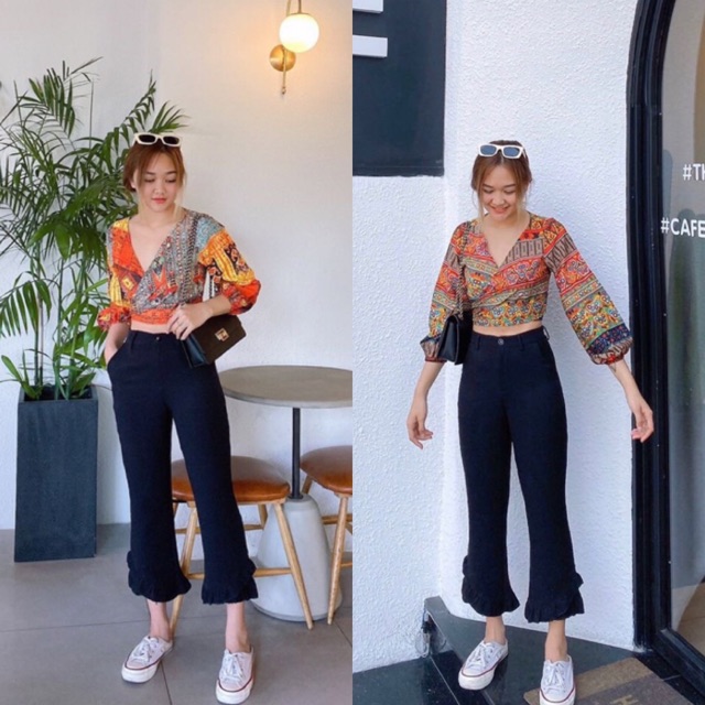 Bộ SET ÁO CROPTOP CỘT EO THỔ CẨM và QUẦN ỐNG SUÔNG BÈO LAI