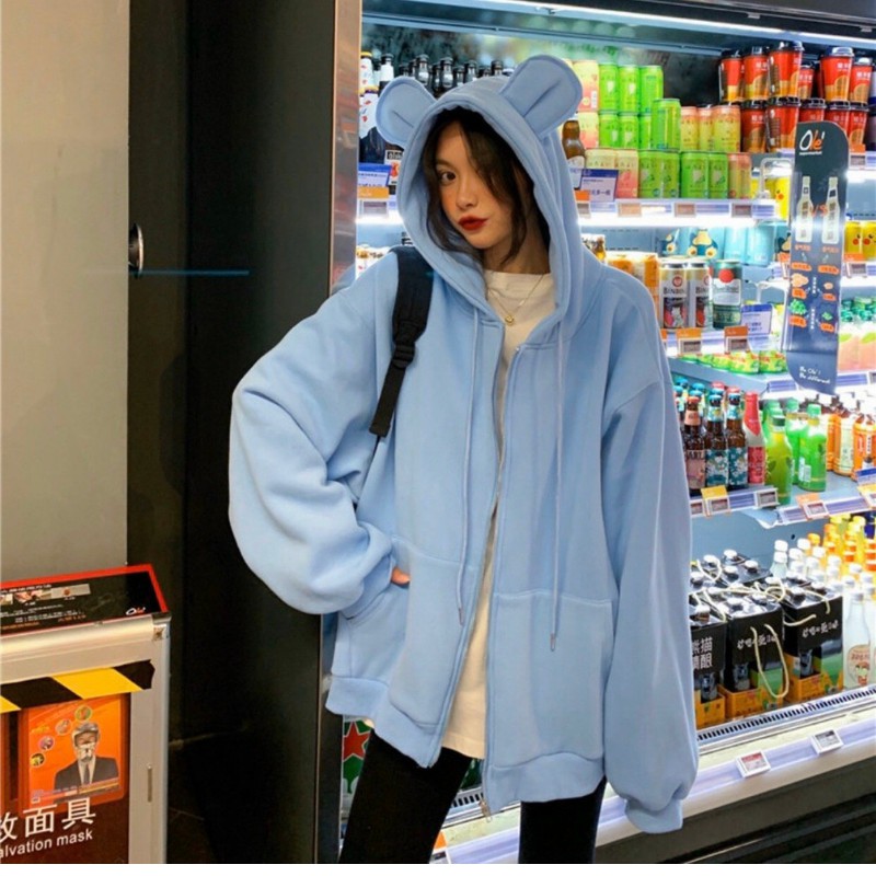 Áo hoodie trơn tai gấu Áo khoác nỉ basic phong cách ulzzang dễ thương | WebRaoVat - webraovat.net.vn