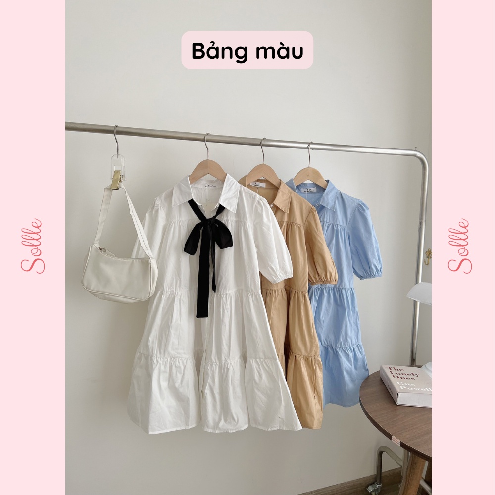 Đầm váy sơ mi babydoll dáng xòe cổ bẻ thắt nơ trơn nhiều màu Hàn Quốc đáng yêu Sollle