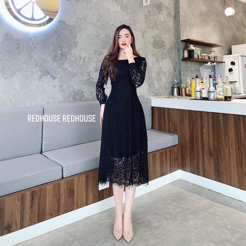 Váy ren thiết kế cổ tròn nhệ nhàng - váy ren tk dáng dài vintage - váy ren hàng tk 2 lớp