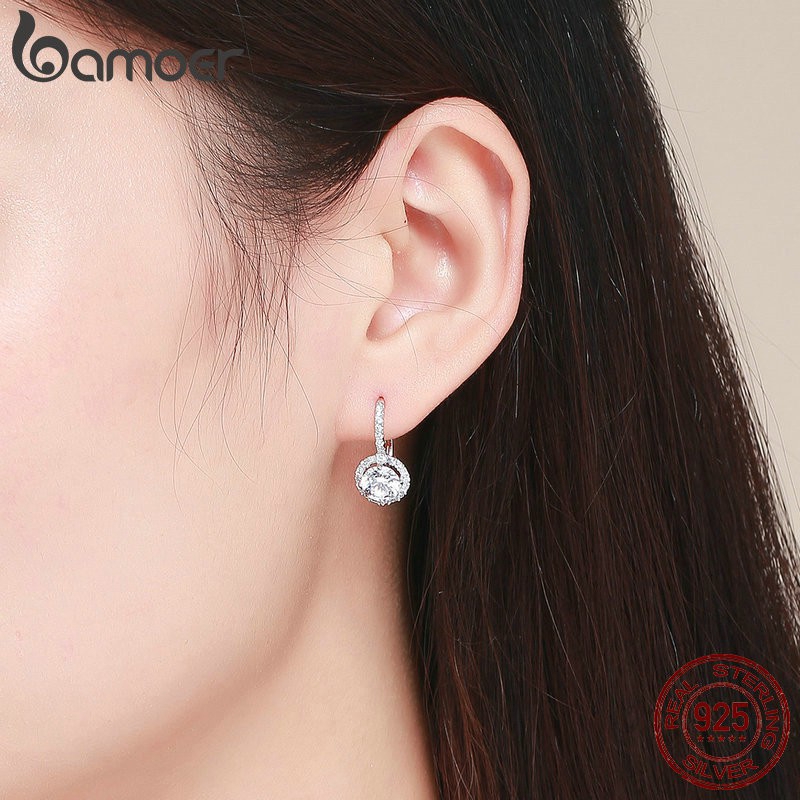 Khuyên tai BAMOER bằng bạc đính đá zircon tinh tế thời trang dành cho nữ