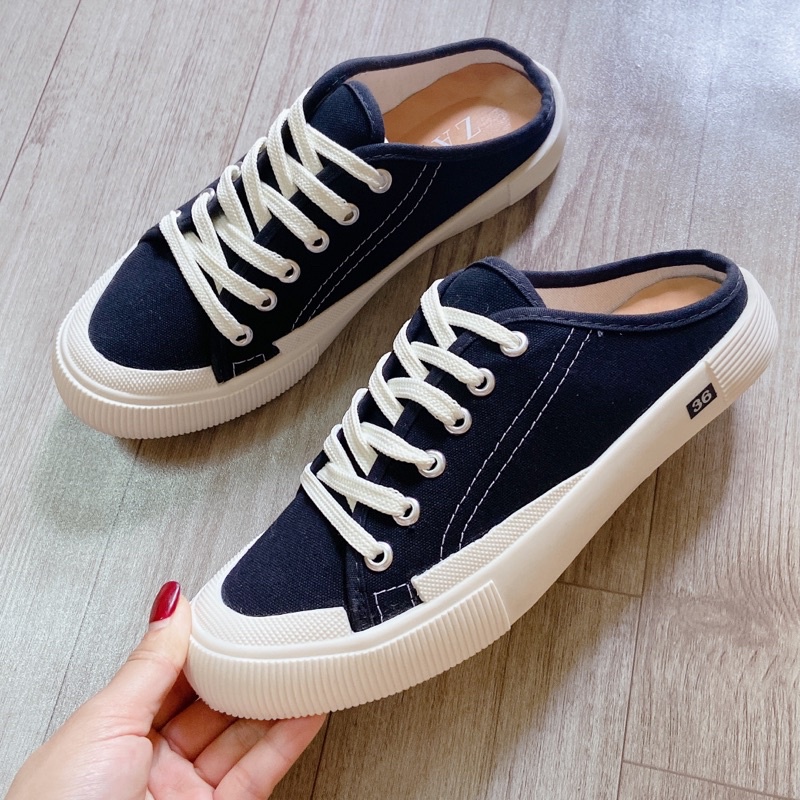 FREESHIP-ẢNH TỰ CHỤP Giày thể thao nữ/Sneaker hở gót PUNSHOES đế bằng 2cm vải màu đen không họa tiết năng động