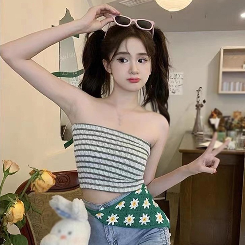 Set Áo Thun Ngắn Tay + Áo Ống Kẻ Sọc Thời Trang Nữ Hàn Quốc