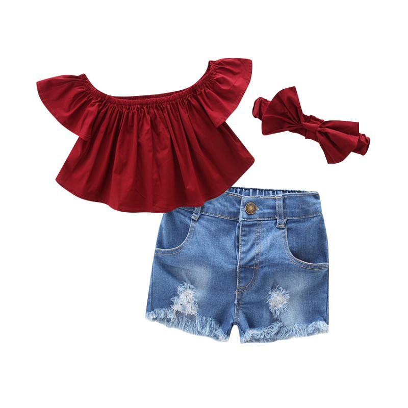 Bộ áo trễ vai kèm băng đô đính nơ chất liệu cotton và quần short dễ thương cho bé gái