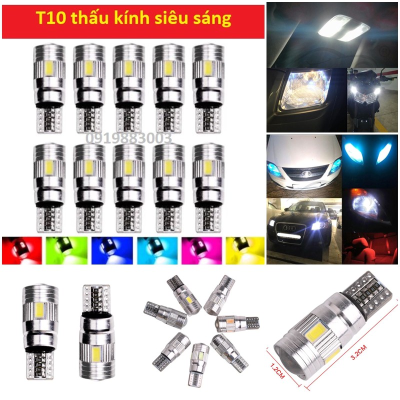 (T10-6smd-5630 thấu kính)1 bóng đèn T10 gắn demi xi nhan xe máy ô tô siếu sáng LED T10