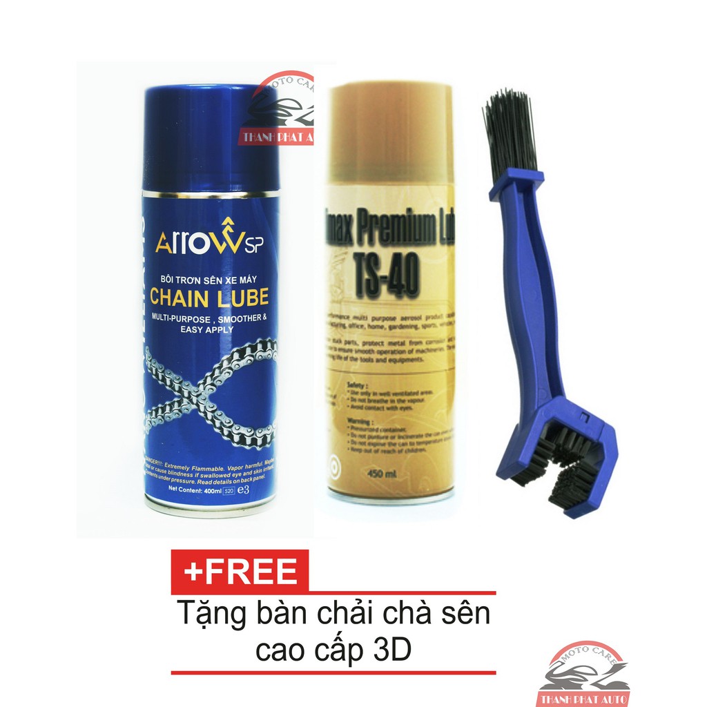 BỘ 3 SẢN PHẨM VỆ SINH SÊN TS-40 400M+ CHAI XỊT BÔI TRƠN SÊN XE MÁY ARROW CHAIN LUBE 400ML TẶNG BÀN CHẢI CHUYÊN NGHIỆP 3D