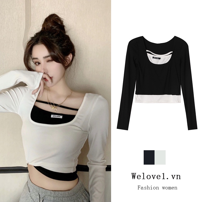 Áo thun tay dài ôm dáng 2 màu tùy chọn thời trang mùa thu Hàn Quốc trẻ trung cho nữ