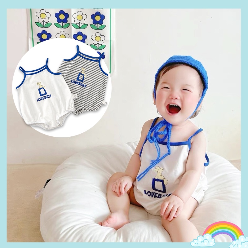 Bộ Áo Liền Quần Sát Nách In Hình Chú Chó Hoạt Hình Kẻ Sọc Màu Xanh Dương Dễ Thương Cho Bé Trai