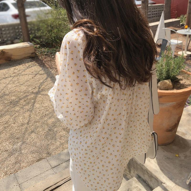 Áo Voan Dài Tay In Hoa Xinh Xắn Theo Phong Cách Hàn Quốc