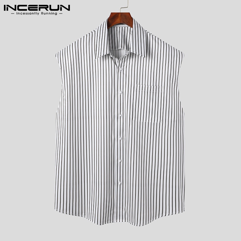Áo sơ mi INCERUN sát nách đính nút cổ bẻ kẻ sọc thời trang cho nam