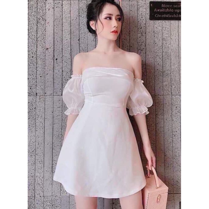 Đầm xòe trễ vai phối voan kiếng thời trang