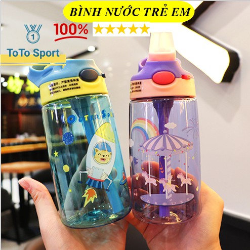 Bình nước nhựa hình hoạt hình 480ml dành cho bé có ống hút cao cấp TB480