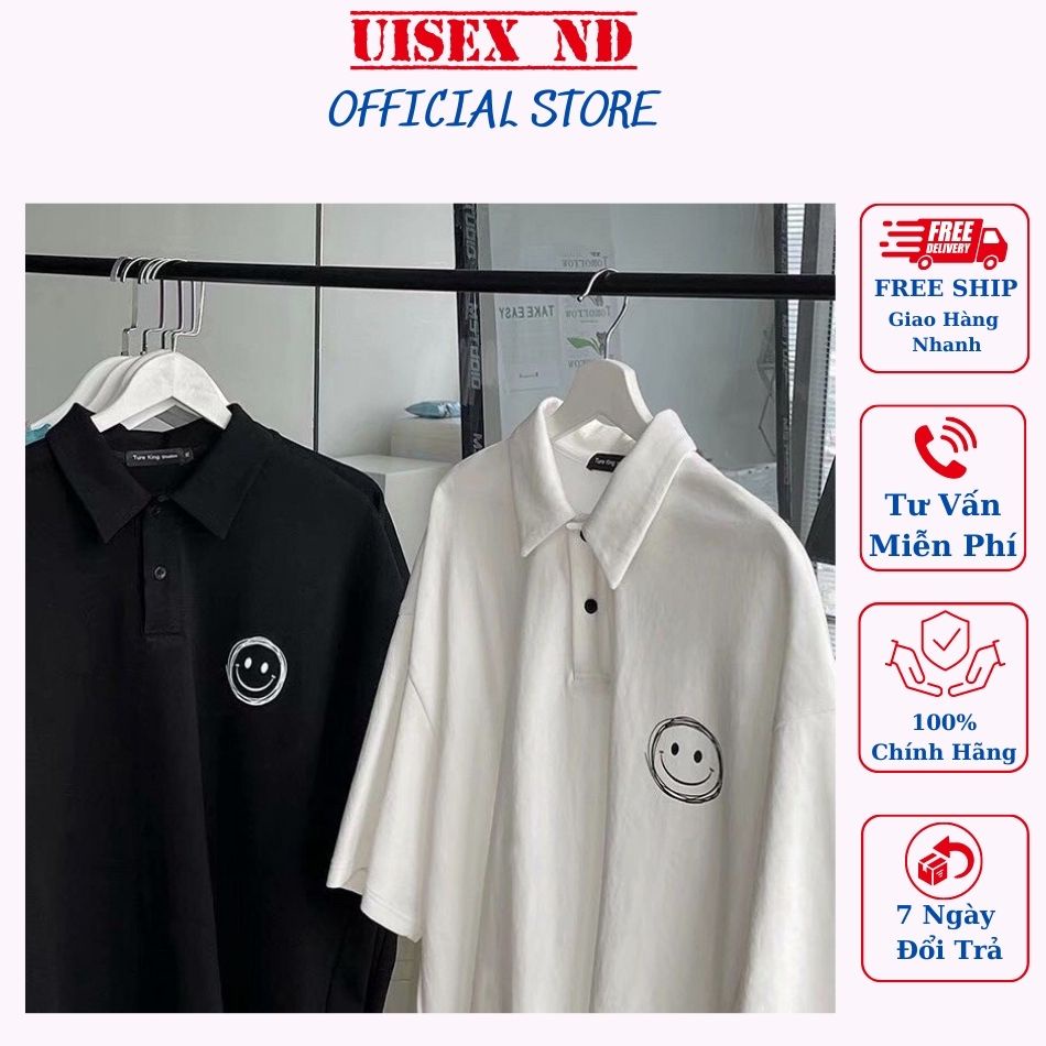 Áo Polo form rộng nam nữ in hình mặt cười, kiểu dáng unisex oversize, phong cách thời thượng, chất cotton cao cấp