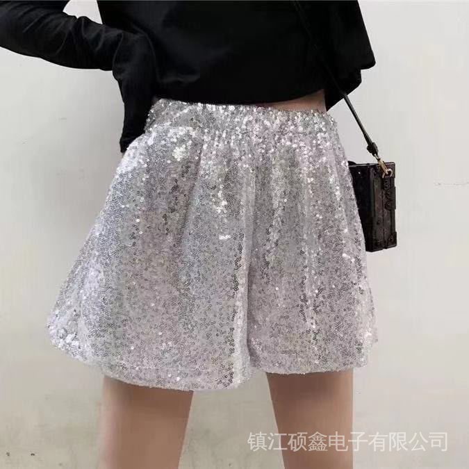 Quần Short Chữ a Lưng Cao Ống Rộng Đính Kim Sa Lấp Lánh Thời Trang Mới Cho Nữ