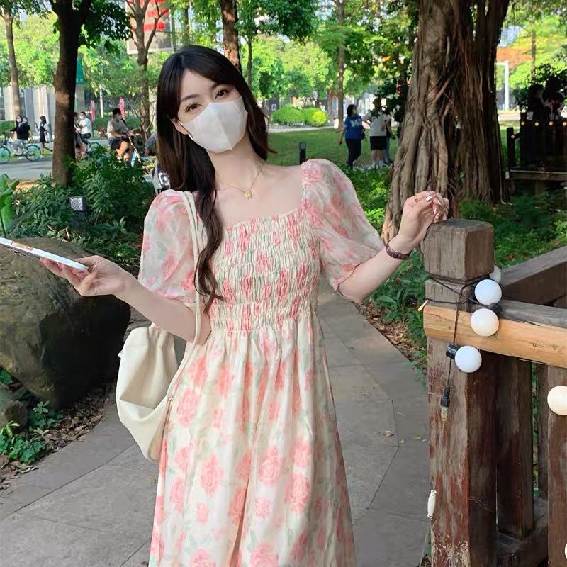 [MURIOKI] Đầm Hồng Trễ Vai In Họa Tiết Hoa Phong Cách Pháp Thời Trang Mới 2022 Cho Nữ