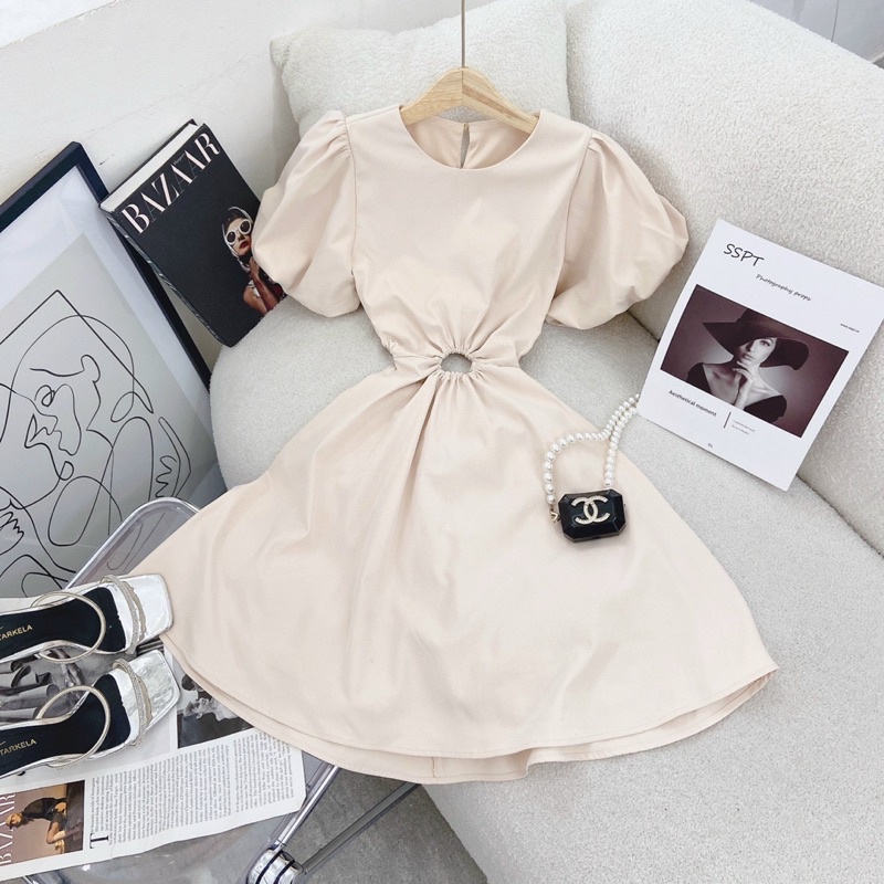 ĐẦM NUDE KHOEN BỤNG CUT OUT LƯNG TAY BỒNG