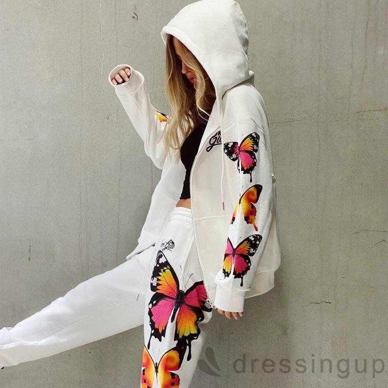 Set Áo Hoodie Tay Dài Hoạ Tiết Bướm + Quần Dài Phong Cách Thể Thao