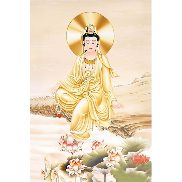 Tranh Liễn Phật Giáo - Quan Thế Âm Bồ Tát ,vải canvas nẹp sáo gỗ, Nhiều Mẫu Lựa chọn- nhiều kích thướt