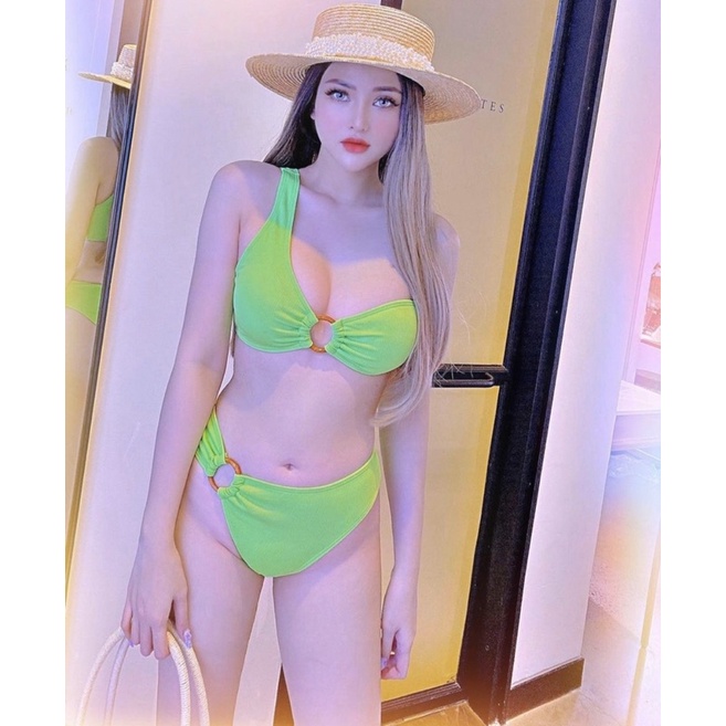 [BKN643] <ÂU> SET BIKINI LỆCH VAI KHUY TRÒN VẢI GÂN ĐEN/XANH NEON (CẠP CAO) | BigBuy360 - bigbuy360.vn