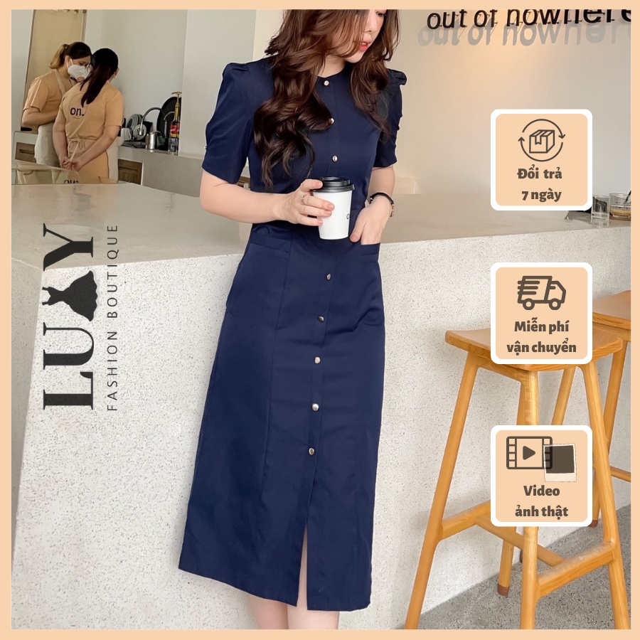 Váy sơ mi V41 tay bồng, có 2 túi trước, dáng váy dài siêu tôn dáng