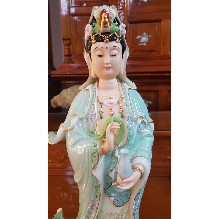 Tượng Quan Âm Bồ Tát màu xanh vẽ gấm thủ công