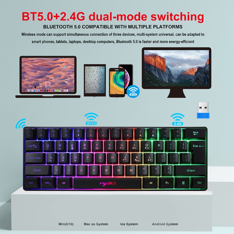 Bàn phím cơ không dây 61 phím có đèn RGB mini cho PC/máy tính bảng/điện thoại chơi game