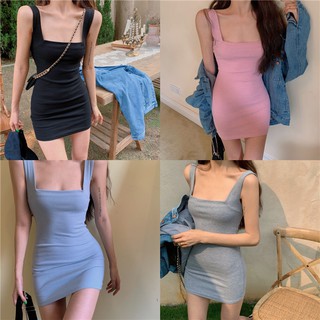 (ORDER) Váy thun hai dây cổ vuông gợi cảm ôm body tôn dáng style mùa hè sexy Hàn Quốc