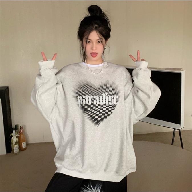 Áo sweater Dáng Rộng Phối Nhung Dày In Hình Cờ Vua Trái Tim Thời Trang Mùa Thu 2022 Mới