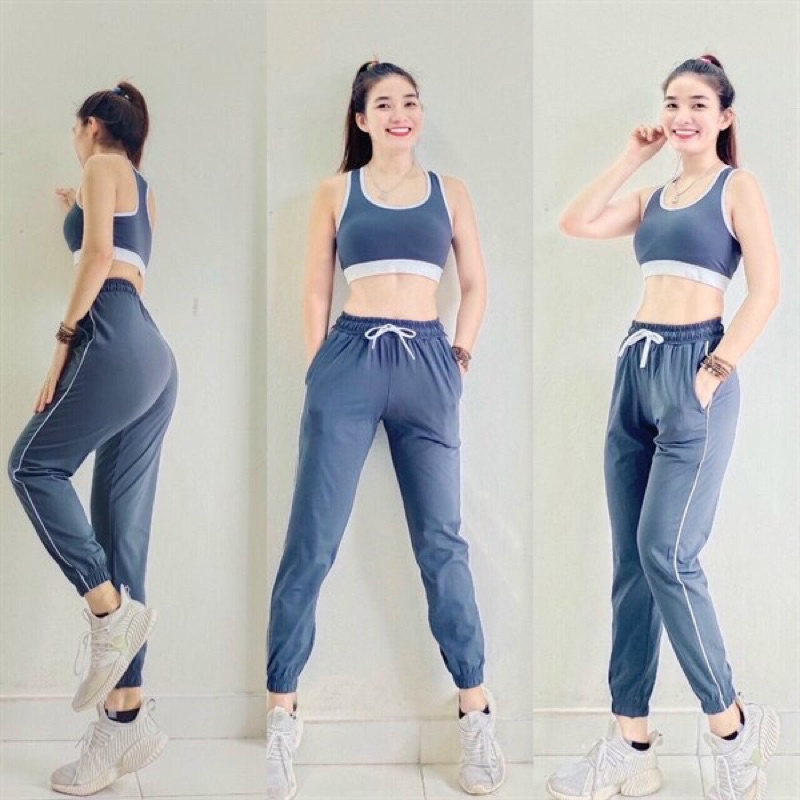 Bộ Jogger áo bra tập thể thao, áo bra 2 dây viền nổi bật, quần form rộng bo gấu có dây điều chỉnh eo Emifarm