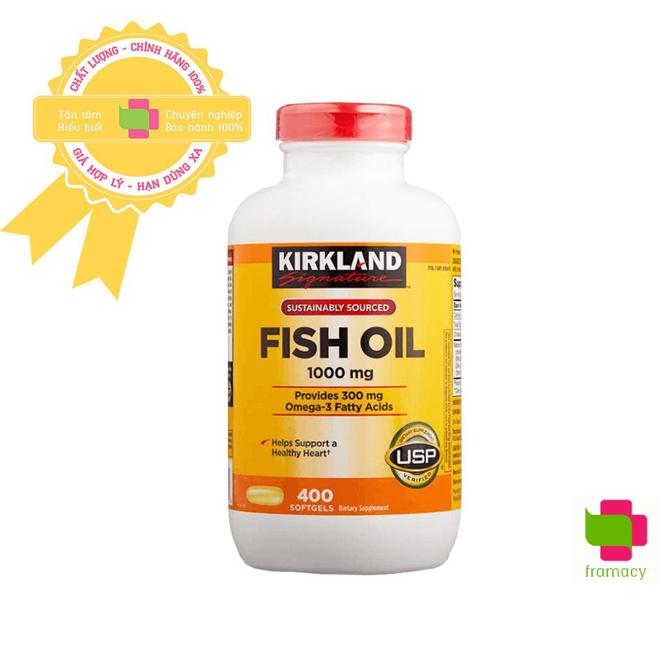 Dầu cá Kirkland Fish Oil 1000mg, Mỹ (400v) bổ sung omega 3 giúp ổn định huyết áp, tim mạch cho người lớn