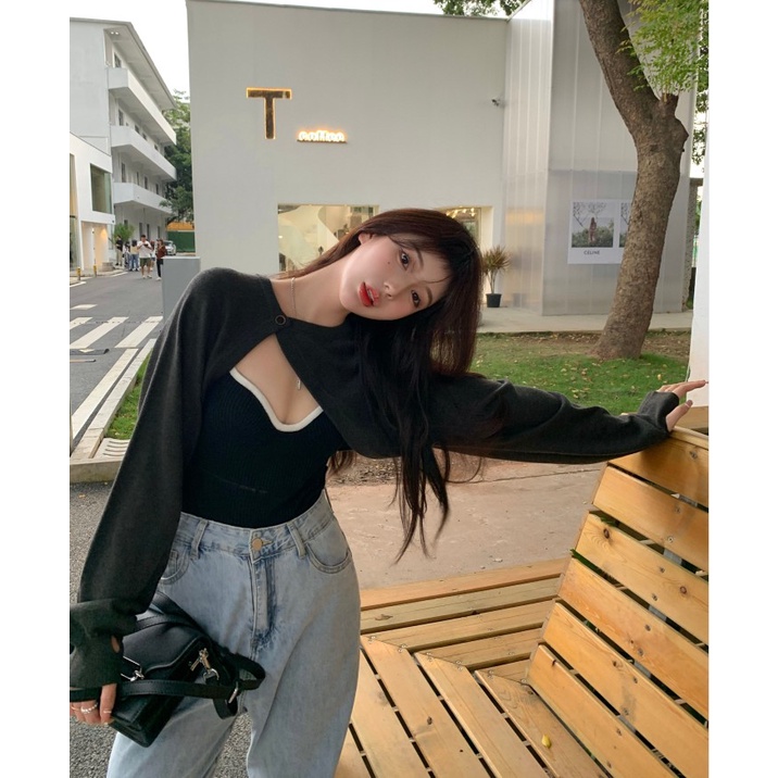 Set áo khoác cardigan ngắn dài tay + áo hai dây dệt kim màu tương phản thời trang cho nữ