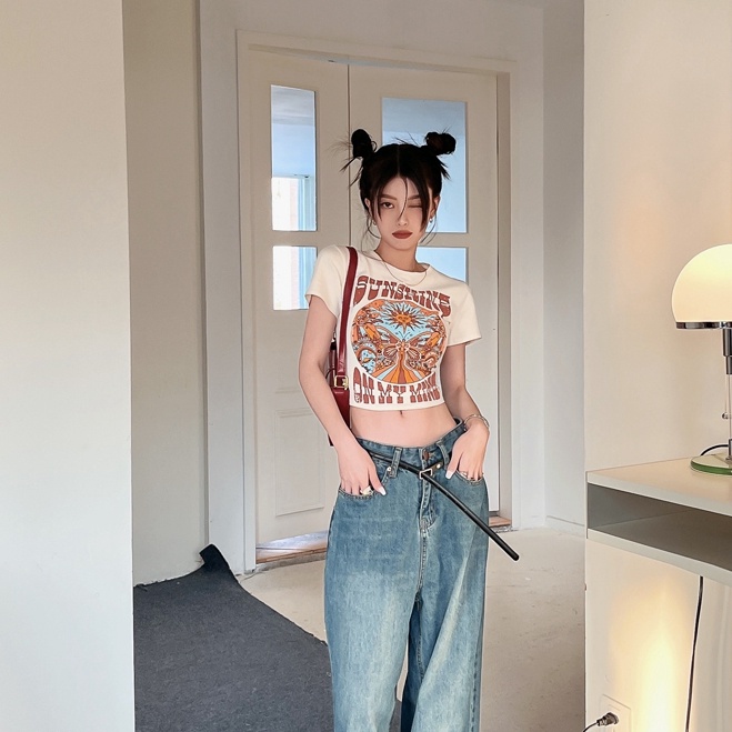 Áo thun croptop SUXI tay ngắn ôm dáng in họa tiết phong cách cổ điển thời trang mùa hè