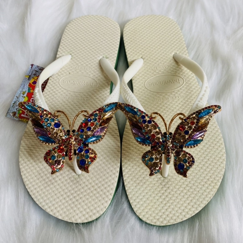 Dép kẹp xỏ ngón đính bướm đá thật, dép tông nữ Havaianas 2 tầng gia công hàng handmade siêu bền đẹp