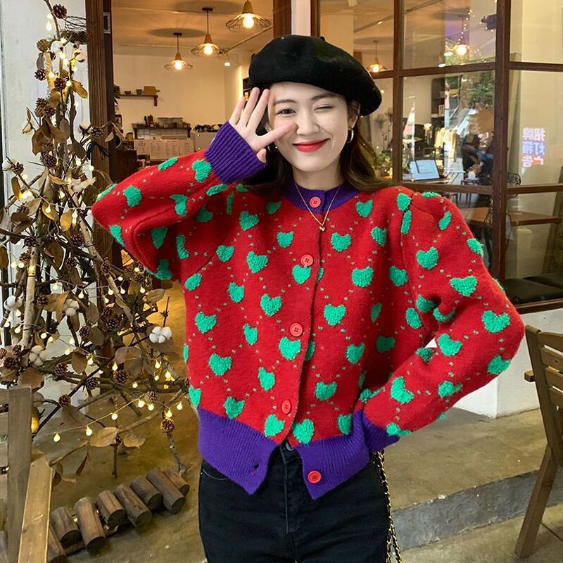Áo Khoác Cardigan Họa Tiết Trái Tim Quả Đào Ngọt Ngào Cao Cấp Có Hương Thơm Tươi Mát