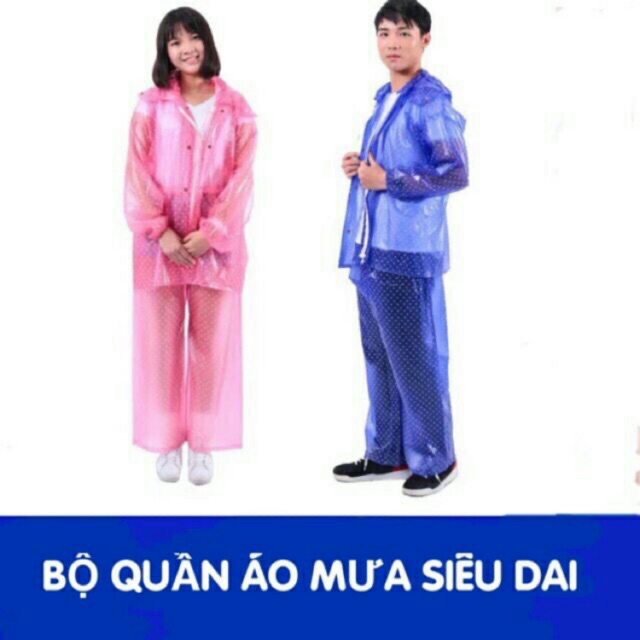 Áo mưa chấm bi (1058)  (còn màu xanh tím) - Nilon loại dày dai bền. Bộ quần áo gồm 1 áo 1 quần