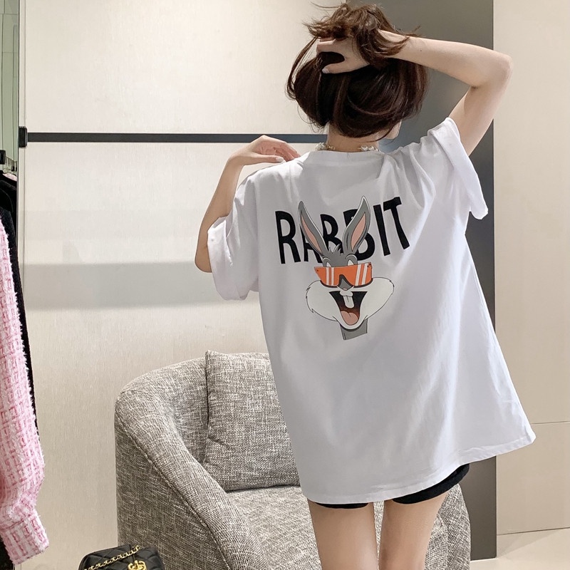Áo Thun Ngắn Tay Dáng Rộng In Hình Thỏ Hoạt Hình Xinh Xắn