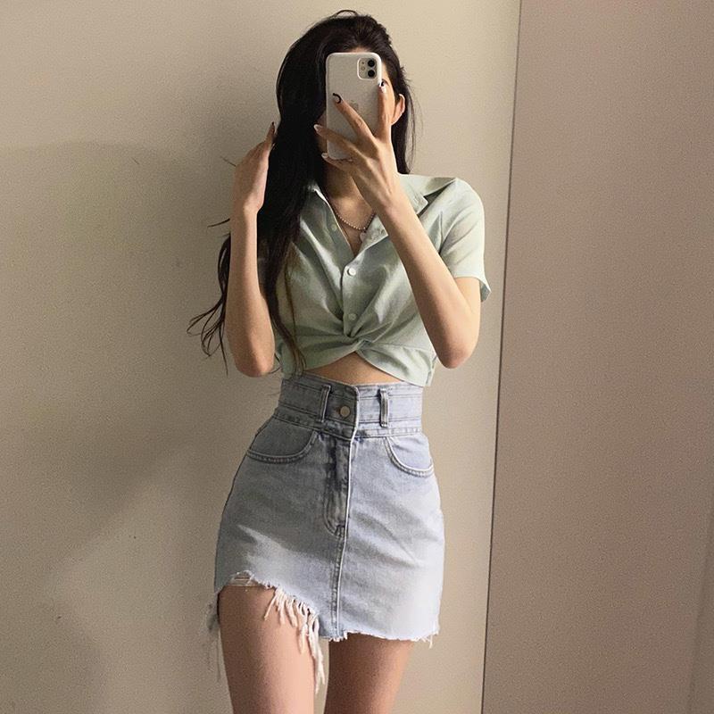 Áo croptop BH tay ngắn cổ polo lưng cao kiểu Hàn Quốc dễ thương cho nữ