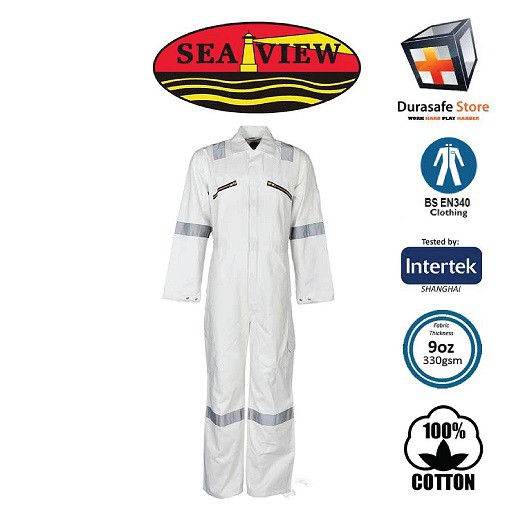 Bộ áo liền quần bảo hộ màu trắng có phản quang SEAVIEW™ Deluxe Coverall 100% Cotton Zip White size S-XL