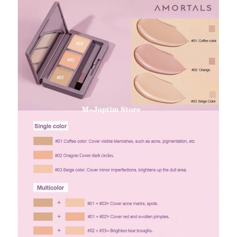 AMORTALS Bảng Che Khuyết Điểm Ba Màu Kem Che Khuyết Điểm Hàng Chính Hãng Có Mã Bảo Mật Kem Che Khuyết Điểm Vết Mụn Quầng thâm Đốm Phấn mụn trứng cá