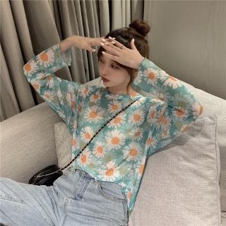 Áo thun dài tay thiết kế mỏng họa tiết in hình hoa cúc dáng rộng thời trang theo phong cách hàn quốc