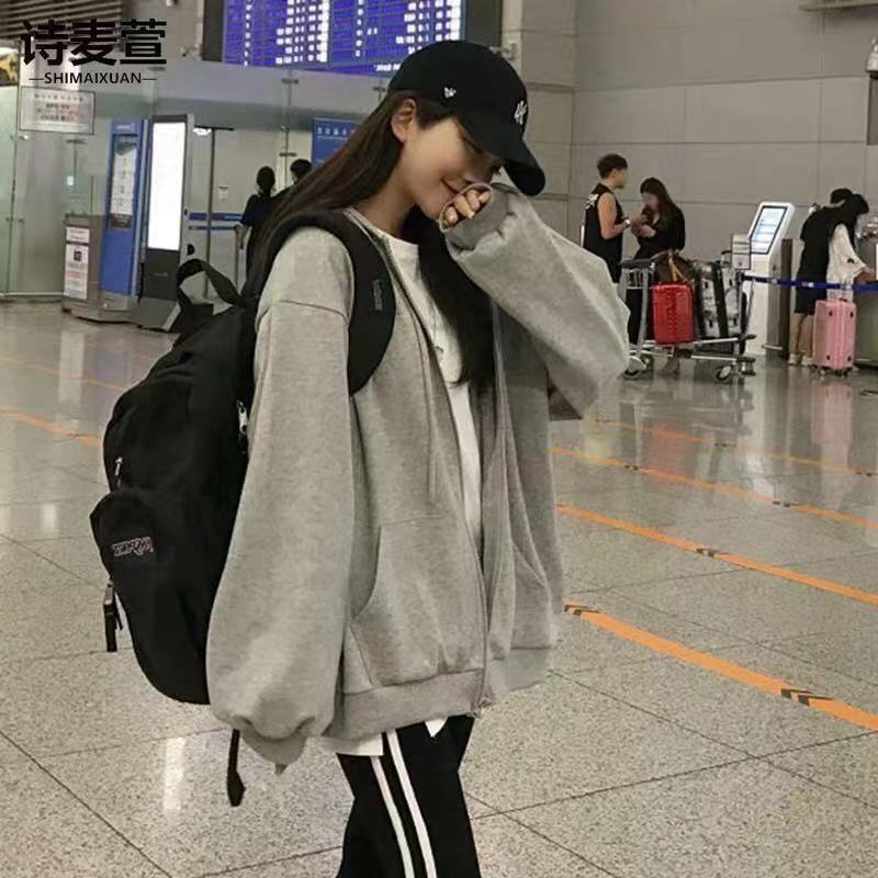 Áo Khoác Hoodie Tay Dài Dáng Rộng Có Khóa Kéo Phong Cách Hàn Quốc Cho Nữ | BigBuy360 - bigbuy360.vn