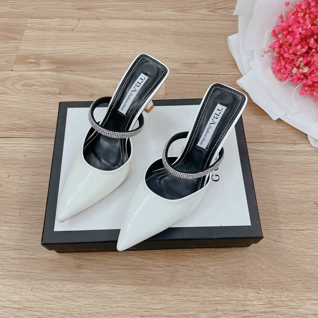 Dép Cao Gót Nữ 7 Phân Quai Đá 2 Màu Đen Trắng Chuẩn Phom Size 35 - 39