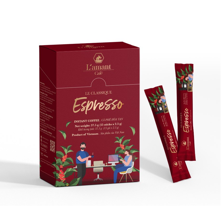 Cà phê hòa tan đen Espresso (Hộp 15 gói x 2.5gr) - L'amant Café Espresso instant coffee