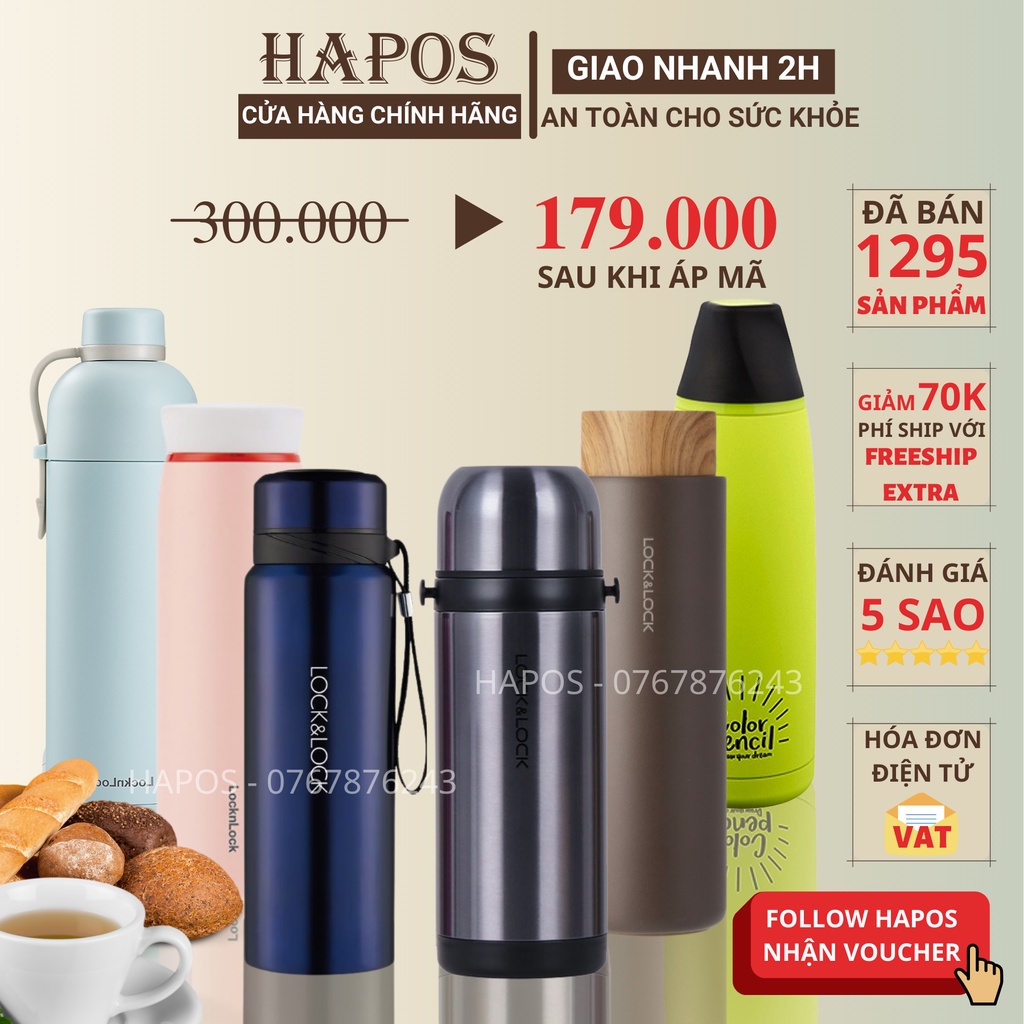 ♞¤Bình giữ nhiệt Lock and 500ml - 1000ml, nước mini chất liệu inox 304, ca đựng cho bé HAPOS