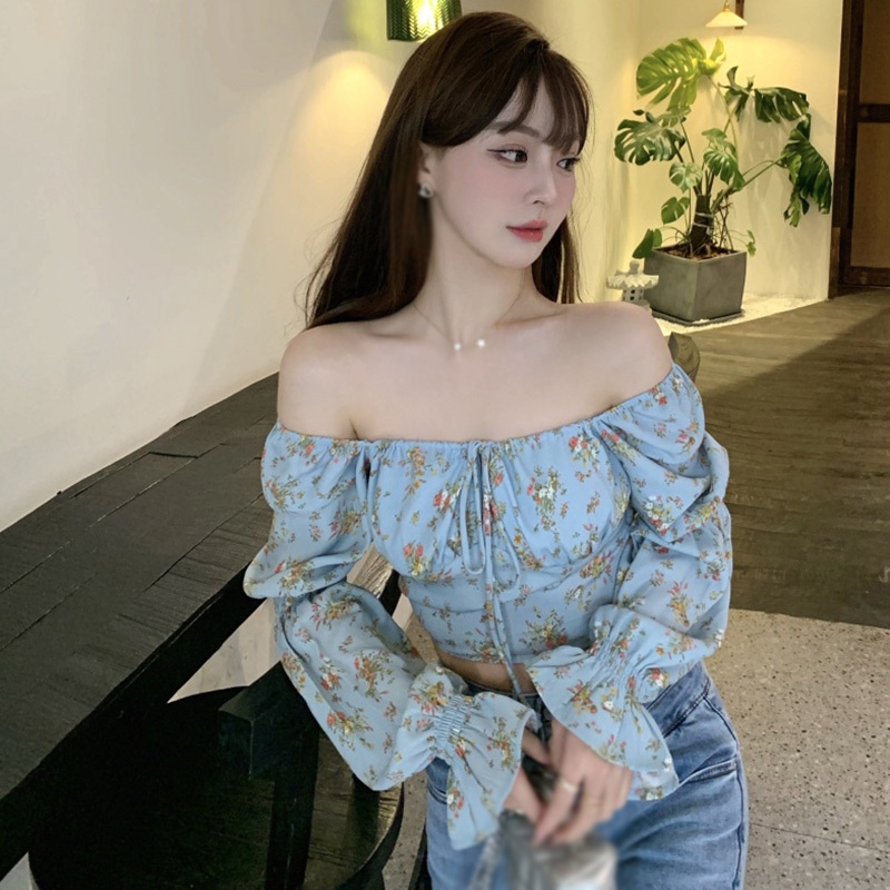 Áo Croptop Cổ Vuông Cột Dây Họa Tiết Hoa Phong Cách Hàn Quốc Quyến Rũ Dành Cho Nữ