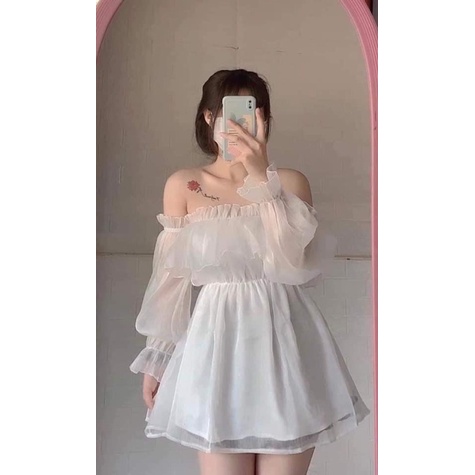 Đầm trễ vai chất liệu tơ 2 lớp mềm mịn