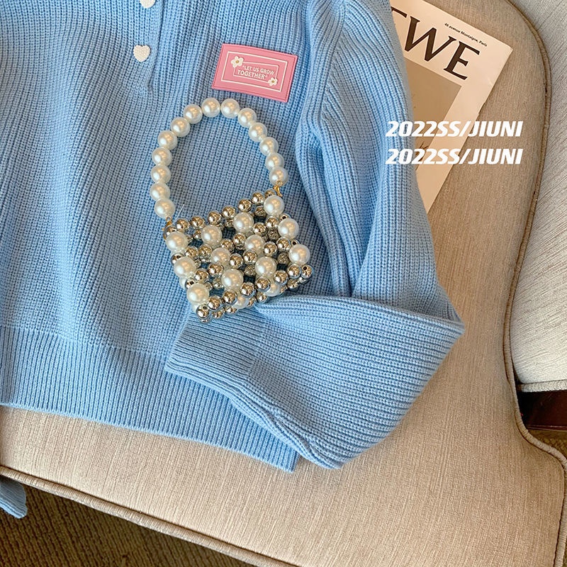 Áo Sweater Dệt Kim Cổ polo Màu Xanh Dương Phong Cách Hàn Quốc Mới Cho Nữ  tao bao