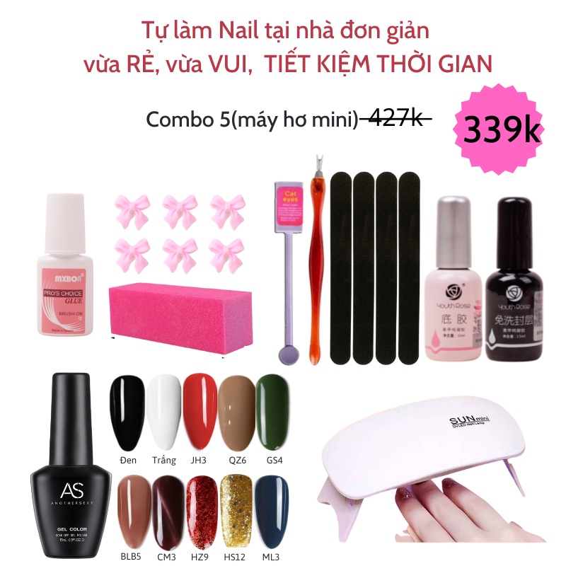 Bộ làm móng tự làm nail tại nhà (sơn gel AS + base top + phụ kiện nail) VUA SƠN AS 15ml