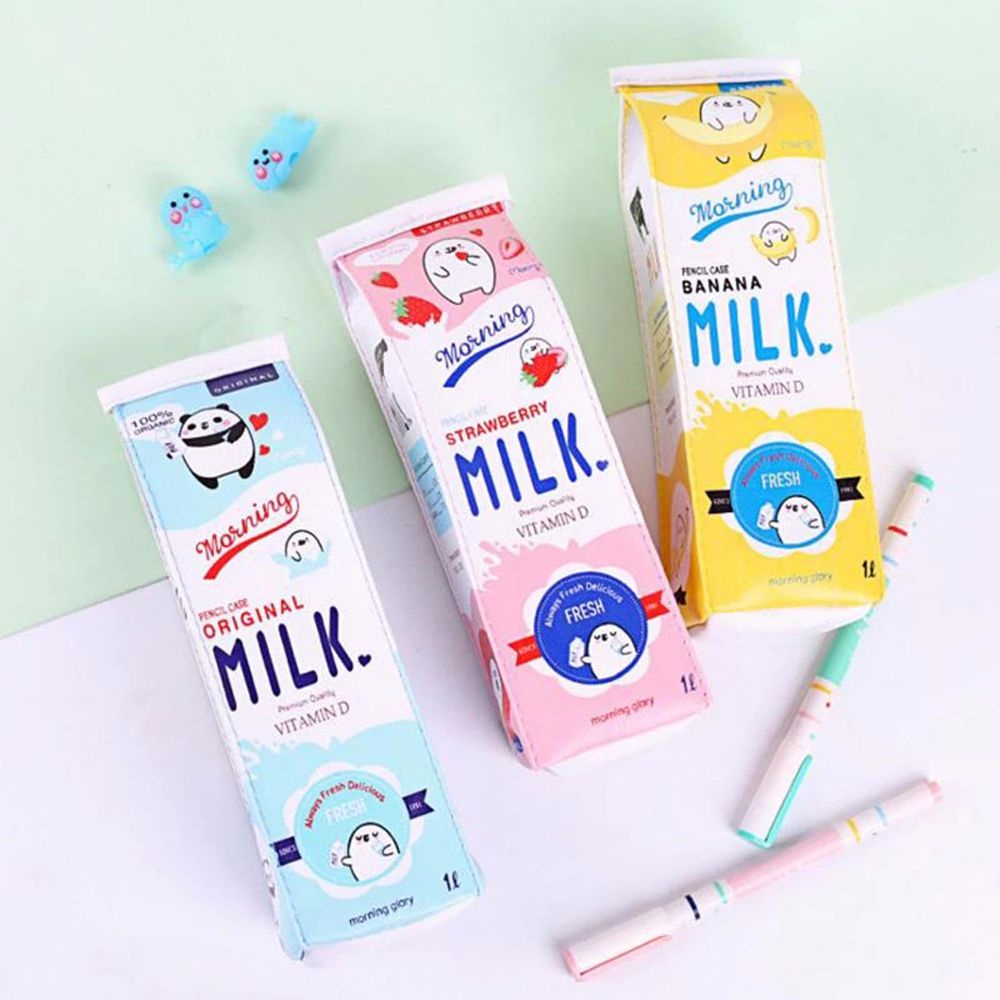 Túi Đựng Bút Bằng Da Pu Chống Thấm Nước In Hình Hộp Sữa Dễ Thương Sáng Tạo
