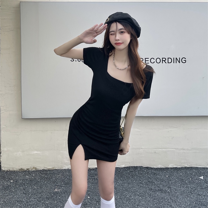 Đầm SUXI màu đen tay ngắn cổ vuông ôm dáng quyến rũ thời trang mùa hè
